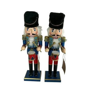 Wood Christmas Nutcracker Set Drummer Soldier Fur Hat Red Blue Holiday Decor